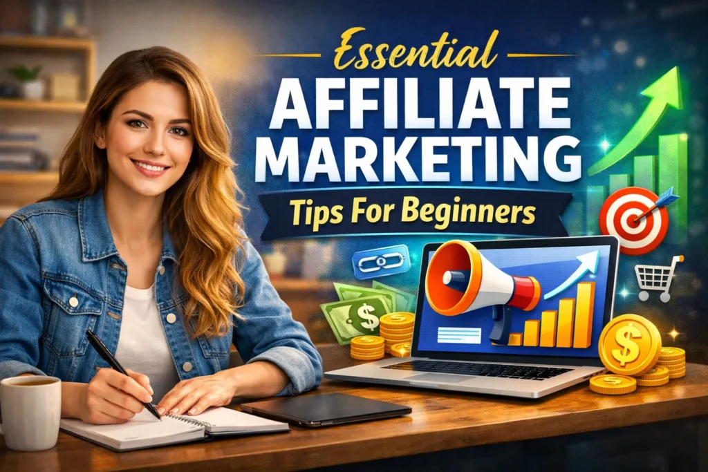 a smiling woman at a desk with a laptop, charts, and marketing icons illustrating essential affiliate marketing tips for beginners.