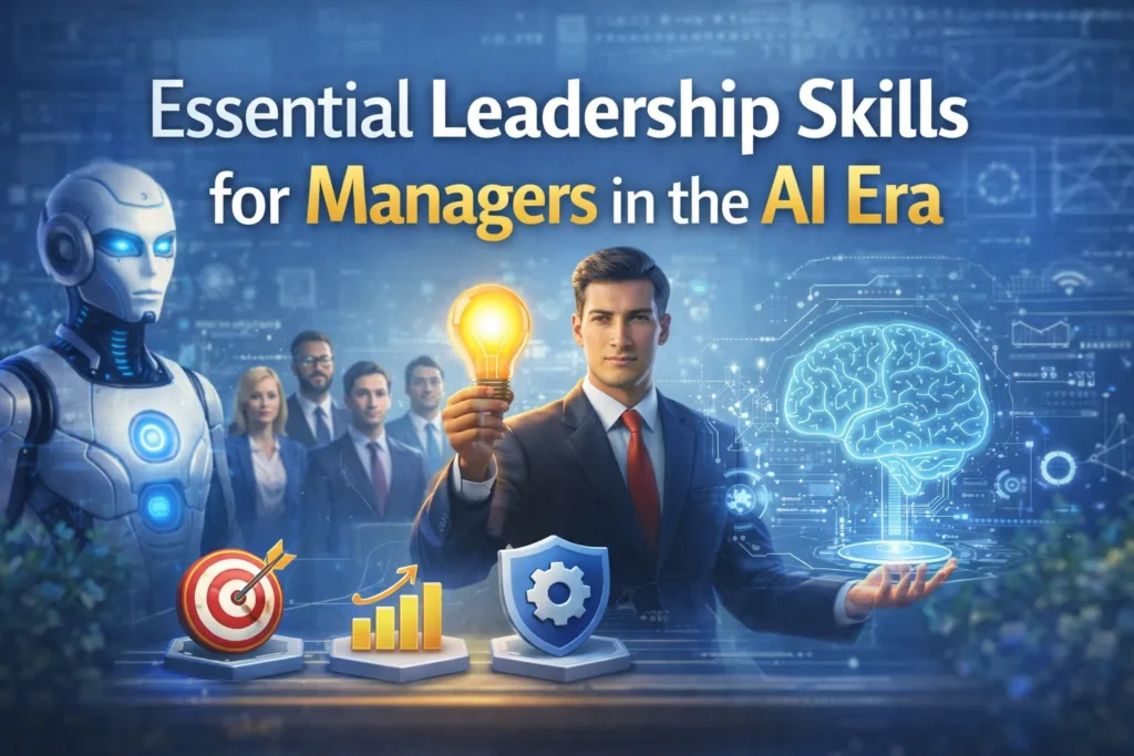 Business leader holding light bulb with AI robot and digital brain interface, illustrating leadership skills for managers in the AI era.