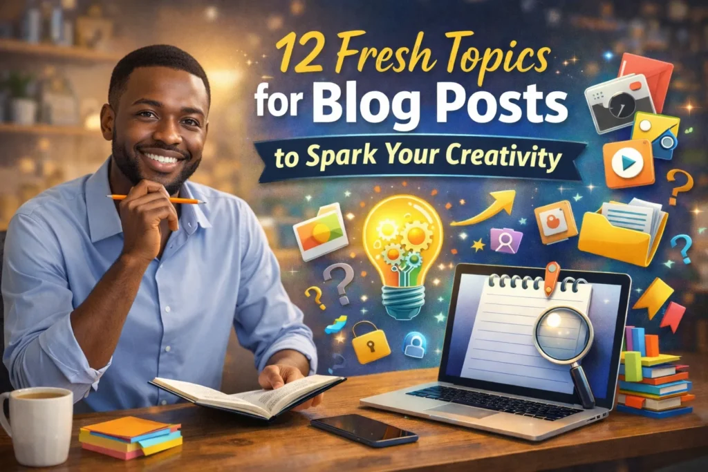 an African man writing in a notebook beside a laptop with creative icons and text about fresh blog post ideas.