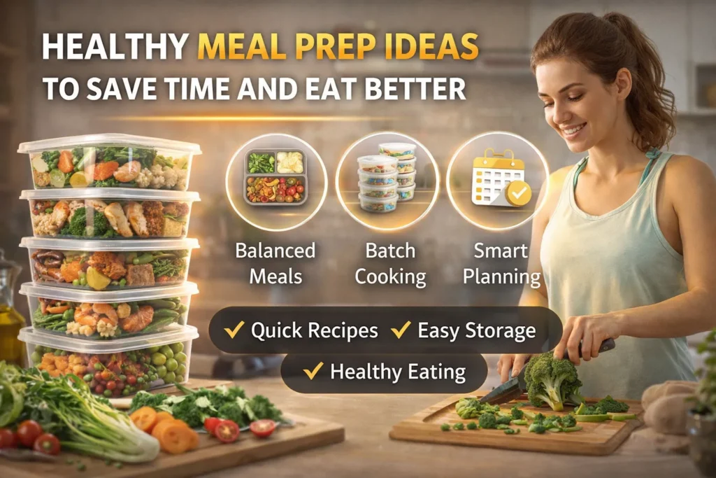 Healthy meal prep containers with vegetables and chicken, woman chopping broccoli, and text about saving time and eating better.
