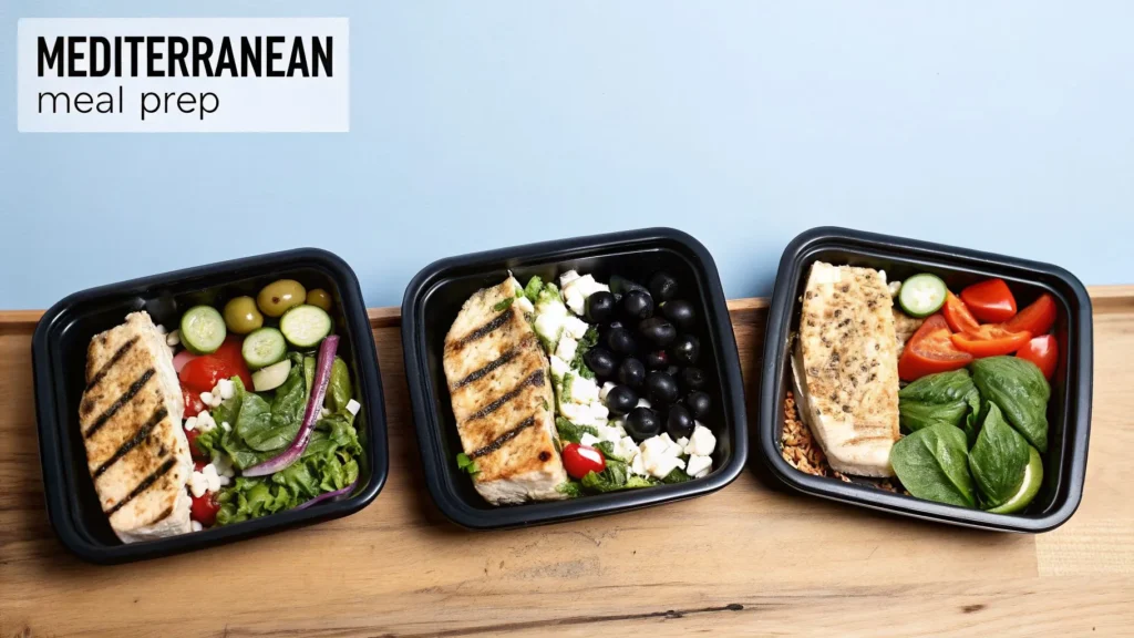 Mediterranean meal prep containers with grilled chicken, olives, vegetables, and grains on a wooden table.