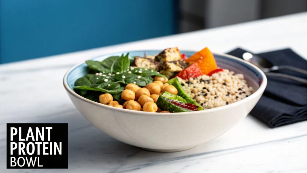 Plant protein bowl with chickpeas, quinoa, greens, tofu, and vegetables on a table, labeled “Plant Protein Bowl”.