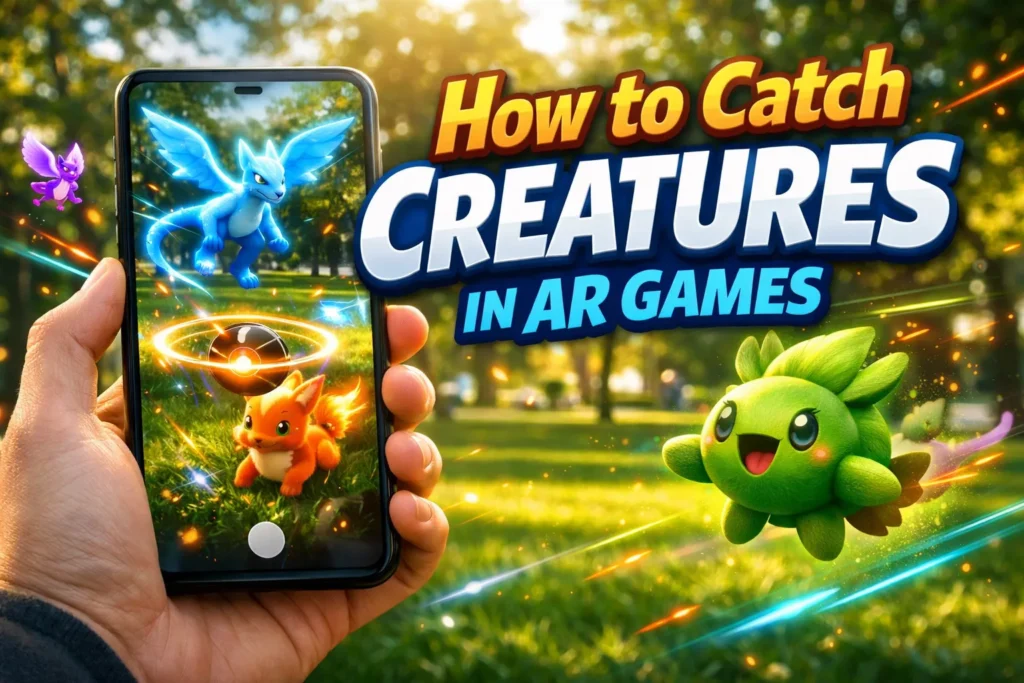Hand holding smartphone in park with glowing AR creatures and bold text “How to Catch Creatures in AR Games” on screen