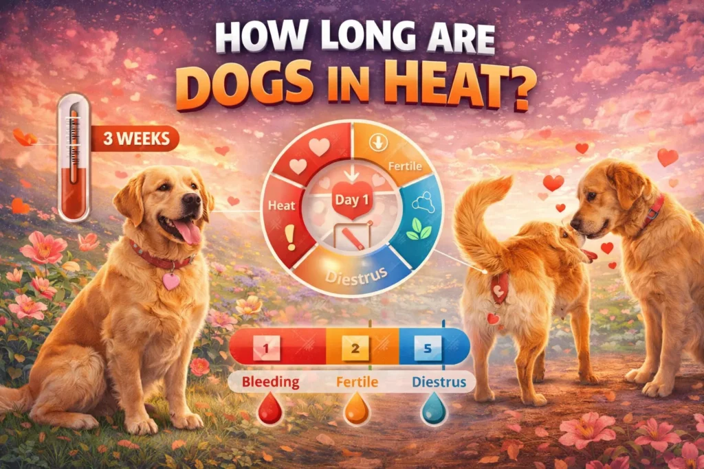 Dog heat cycle infographic showing timeline, phases, and two dogs with calendar and fertility stages over three weeks.