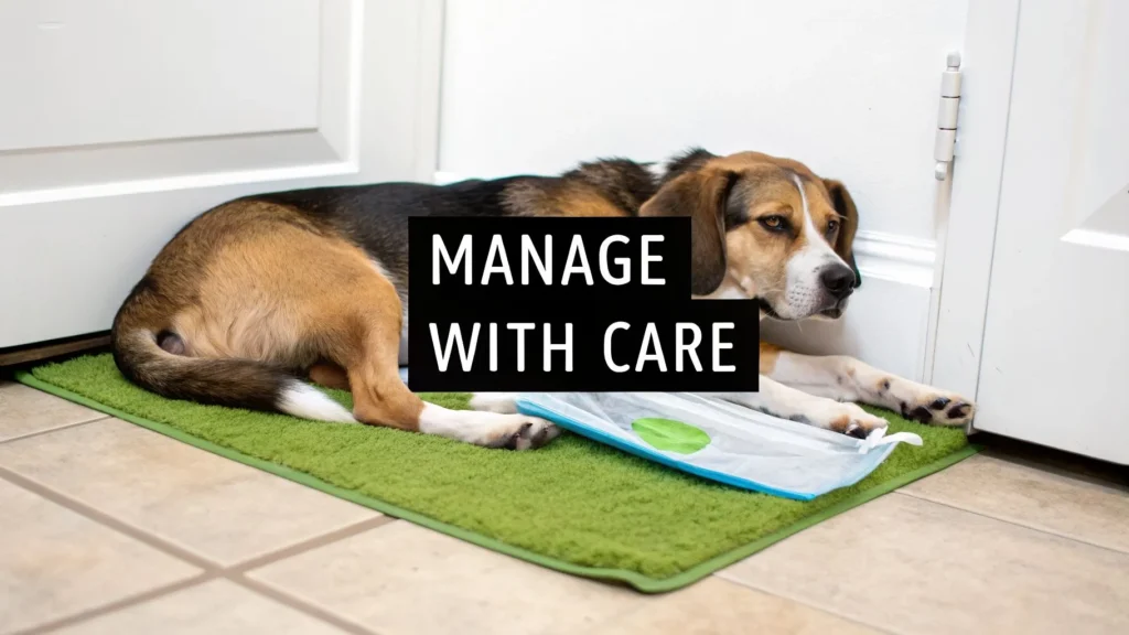 How long are dogs in heat: A 2026 Guide Dog resting on mat with pad near door, text “Manage With Care,” illustrating care during a dog’s heat cycle.