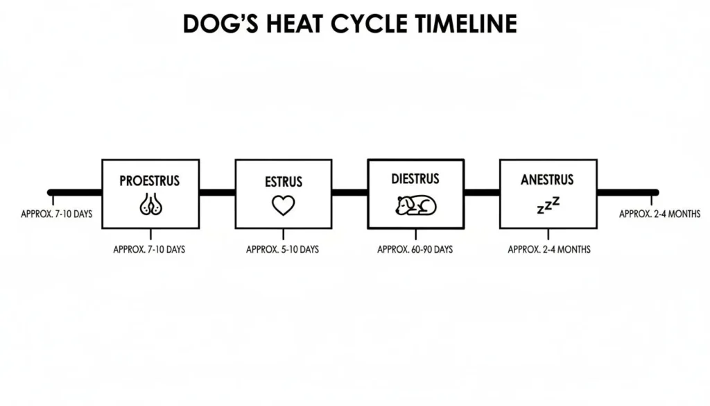 How long are dogs in heat: A 2026 Guide Infographic of dog heat cycle timeline: proestrus, estrus, diestrus, anestrus with approximate durations.