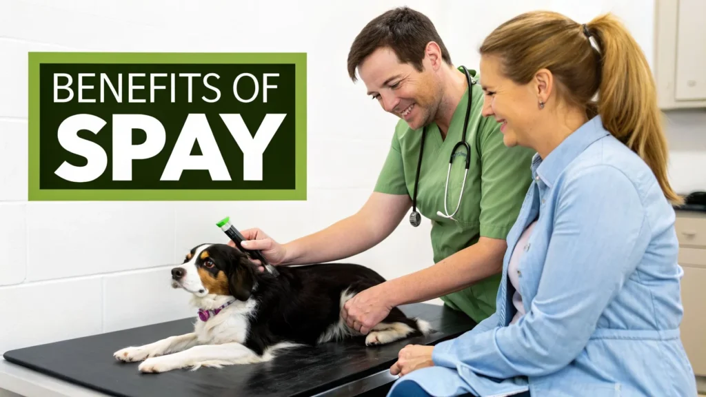 How long are dogs in heat: A 2026 Guide Veterinarian examining a dog with owner, text “Benefits of Spay,” illustrating advantages of spaying pets.