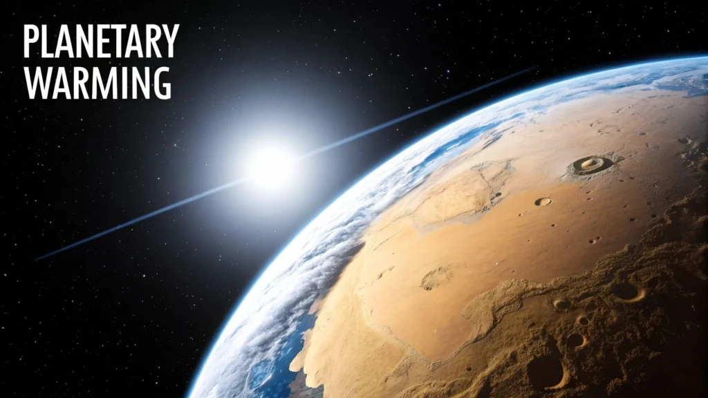 Mars surface with sun rising in space, labeled “Planetary Warming,” illustrating early terraforming stage.