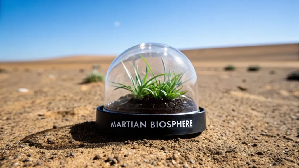 Small plants in a glass dome labeled “Martian Biosphere” on desert terrain, symbolizing life on terraformed Mars.
