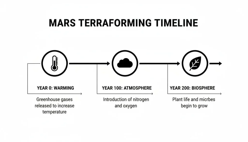 Mars terraforming timeline: warming at year 0, atmosphere by year 100, biosphere growth by year 200.