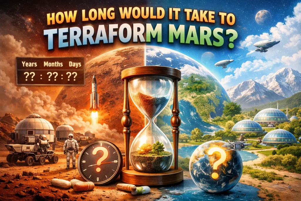Terraforming Mars concept showing barren vs green planet, hourglass timer, astronauts, rockets, and futuristic habitats.