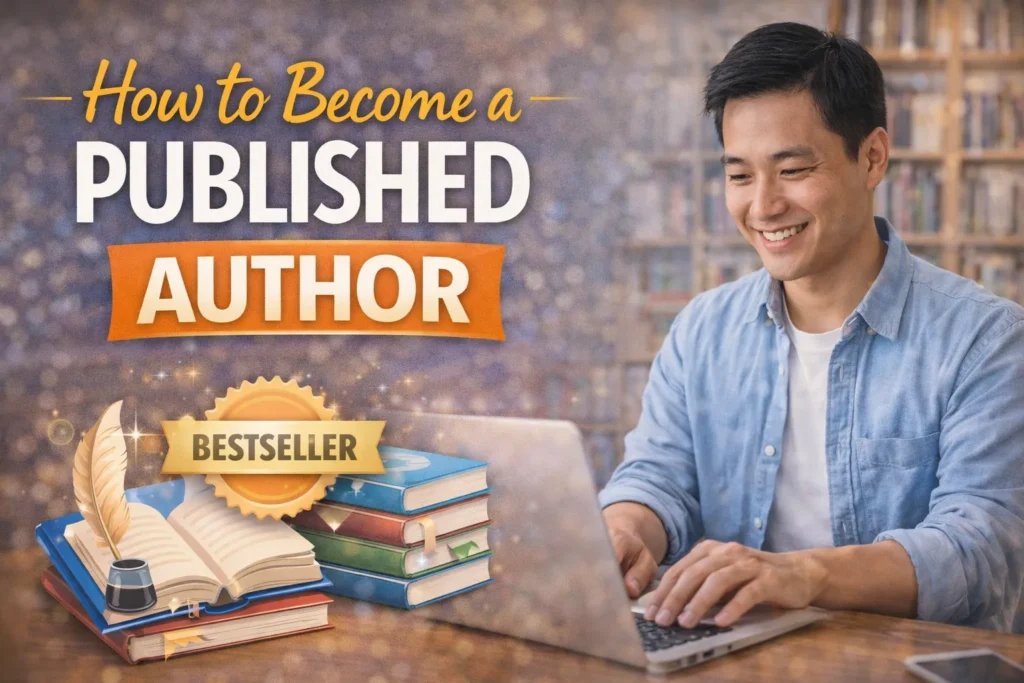 Asian man typing on laptop with books and bestseller badge, thumbnail about how to become a published author.