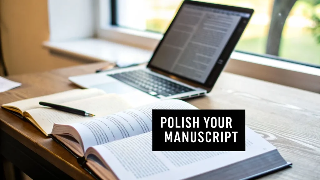 Open book and laptop on a desk by a window with text “Polish Your Manuscript,” illustrating editing and writing process.