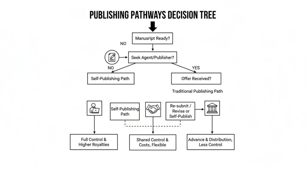 Publishing pathways decision tree showing options for self-publishing or traditional publishing based on manuscript readiness and offers.