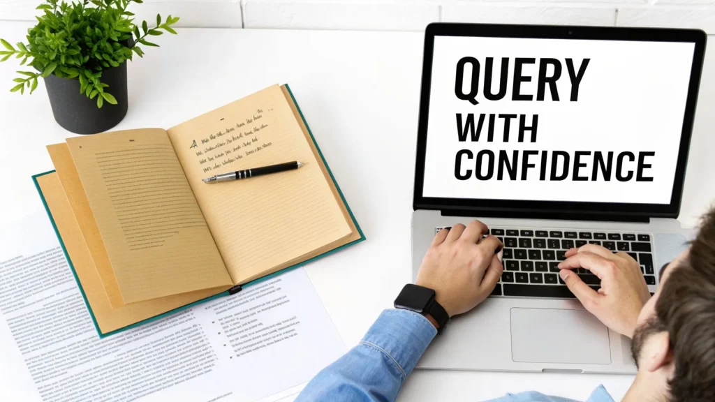 Writer typing on laptop with text “Query With Confidence,” notebook and manuscript pages on desk preparing a book query.