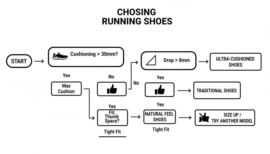 Flowchart showing how to choose running shoes based on cushioning, drop, and fit to select ultra-cushioned, traditional, or natural feel shoes.