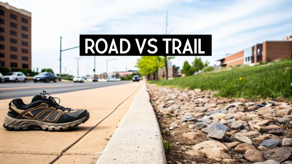 Running shoe on sidewalk beside rocky trail with text ‘Road vs Trail,’ comparing road running shoes and trail running shoes.