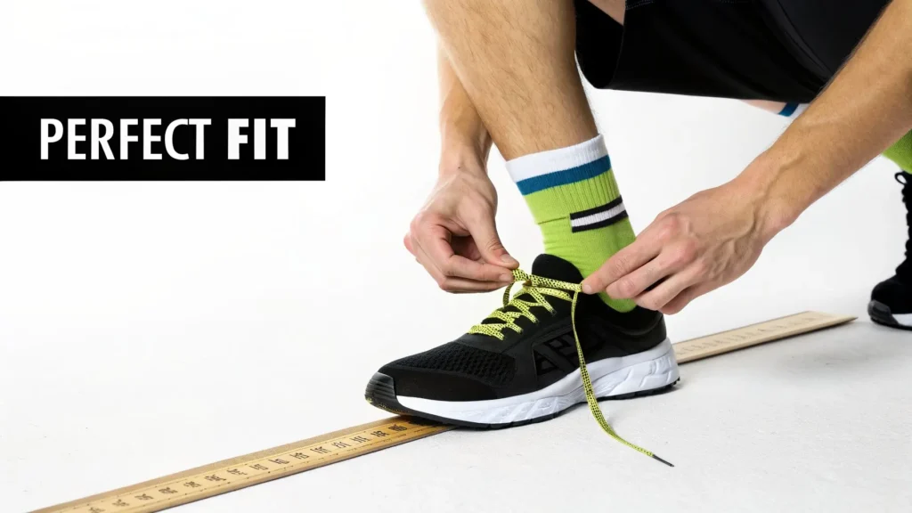 Runner tying running shoe while measuring foot length with ruler, illustrating proper running shoe fit