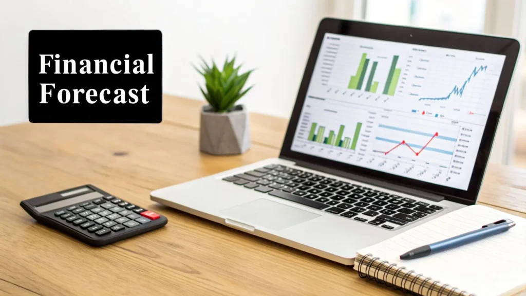 How to Create a Business Plan That Wins Investment Laptop showing financial charts with calculator and notebook on desk, illustrating financial forecast and business planning.