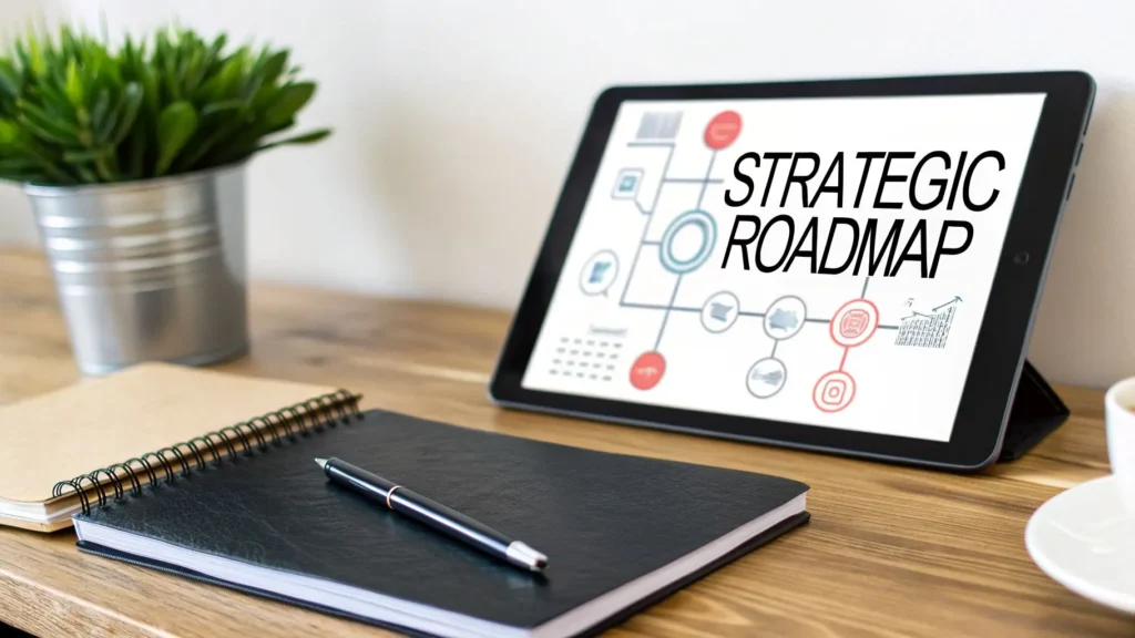 How to Create a Business Plan That Wins Investment Tablet displaying “Strategic Roadmap” diagram on desk with notebook and pen, illustrating business planning and strategy development.