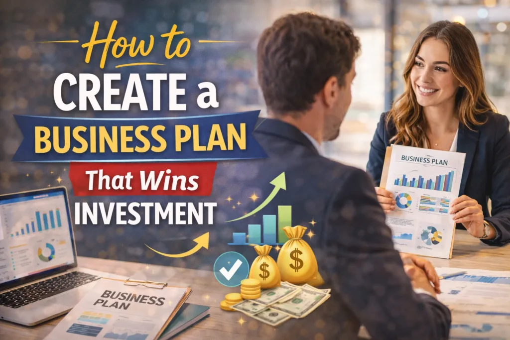 How to Create a Business Plan That Wins Investment Businesswoman presenting a business plan with charts to investor, thumbnail about creating a business plan that wins investment.