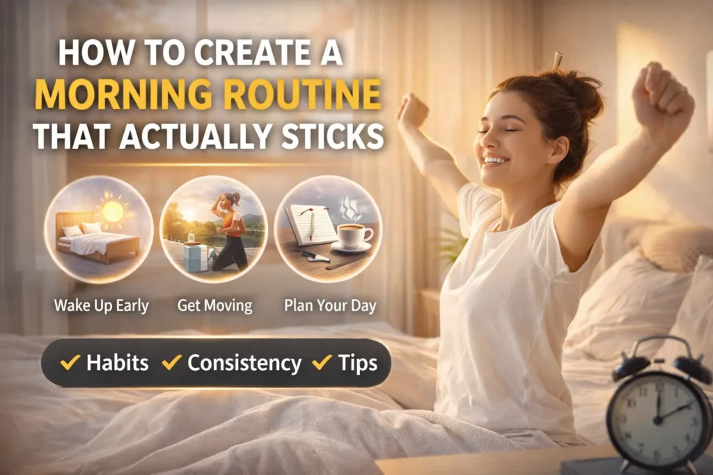 Woman stretching in bed with morning light, alarm clock, and icons for wake up early, exercise, and planning a daily routine.