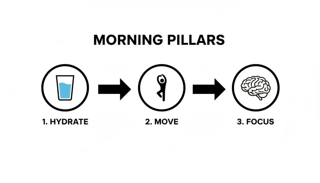Infographic showing morning routine pillars: hydrate, move, and focus with simple icons and arrows.