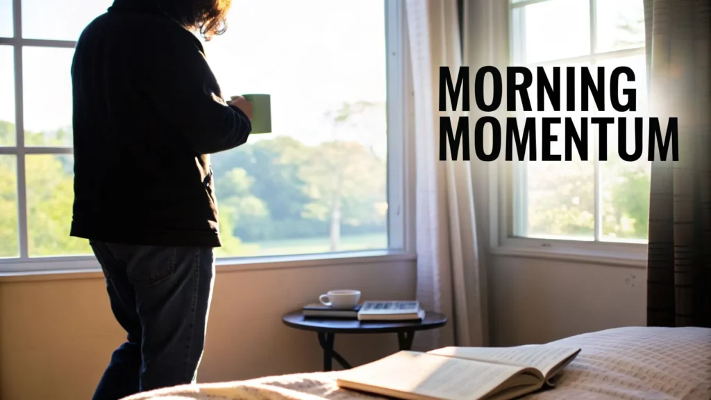 Person holding a mug by a sunny window with book on bed, caption “Morning Momentum” suggesting a calm morning routine.
