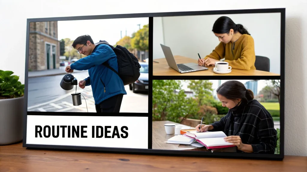 Collage of routine ideas: making coffee outdoors, working on laptop, and journaling at a table labeled “Routine Ideas”.