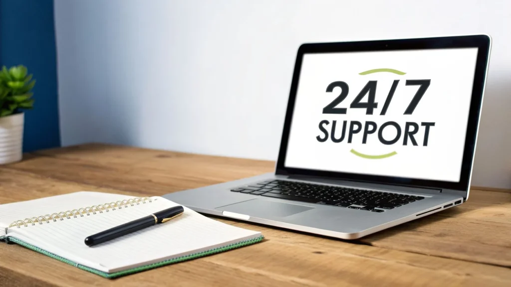 Laptop on a desk displaying “24/7 Support” with a notebook and pen beside it, representing customer service availability.