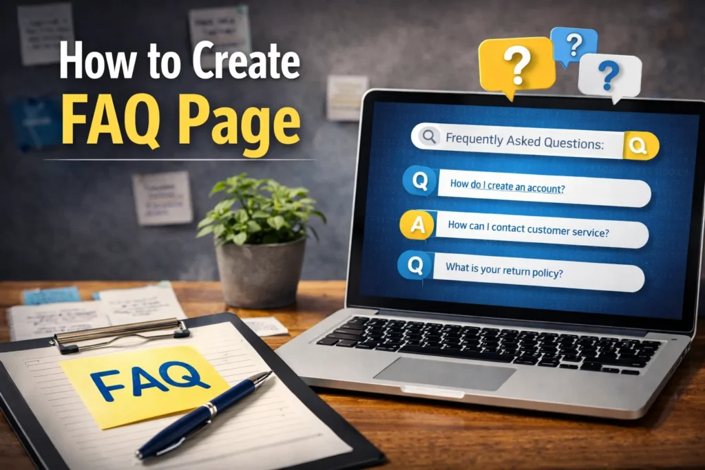 Laptop displaying FAQ page with question and answer bubbles, clipboard with “FAQ” note, and icons illustrating website help section.