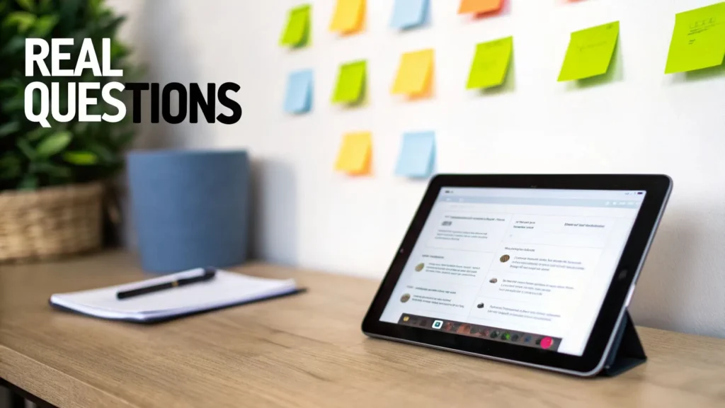 Tablet on desk with sticky notes on wall and text “Real Questions,” illustrating gathering real user questions for an FAQ page.