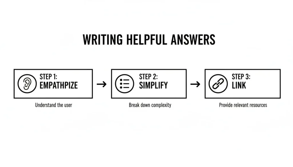 Diagram titled “Writing Helpful Answers” showing three steps: empathize, simplify, and link to provide useful FAQ responses.
