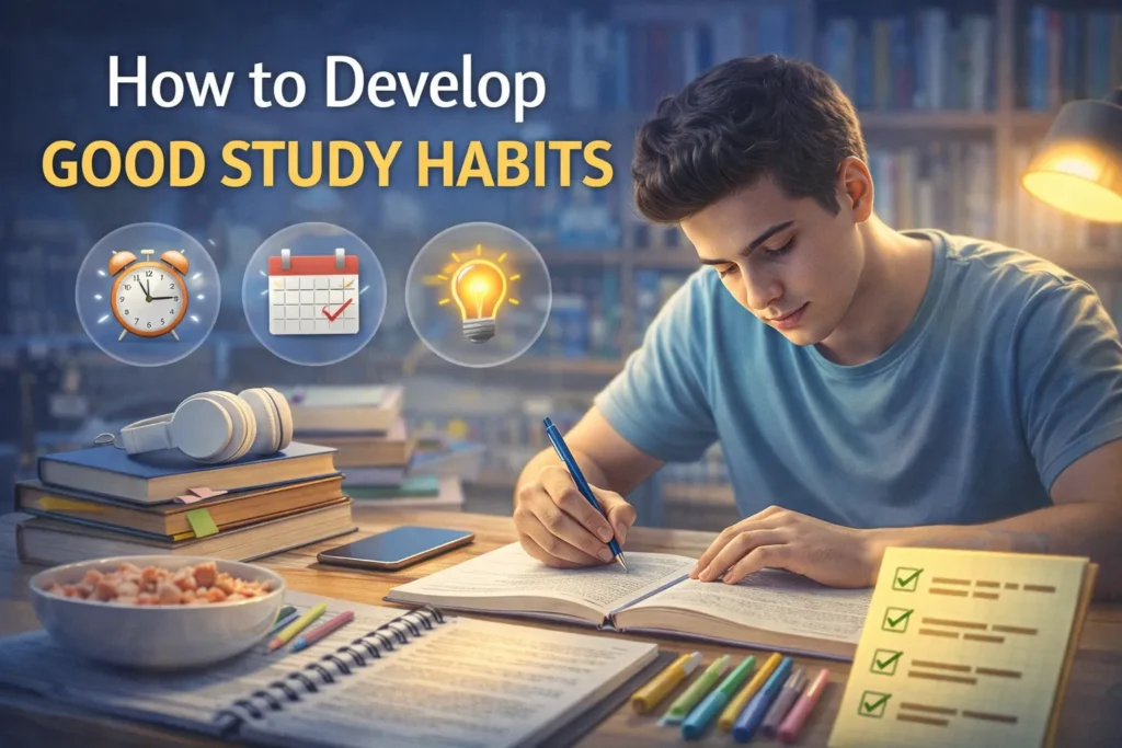 Student studying at desk with books and notes under title “How to Develop Good Study Habits” with icons for time management and ideas.