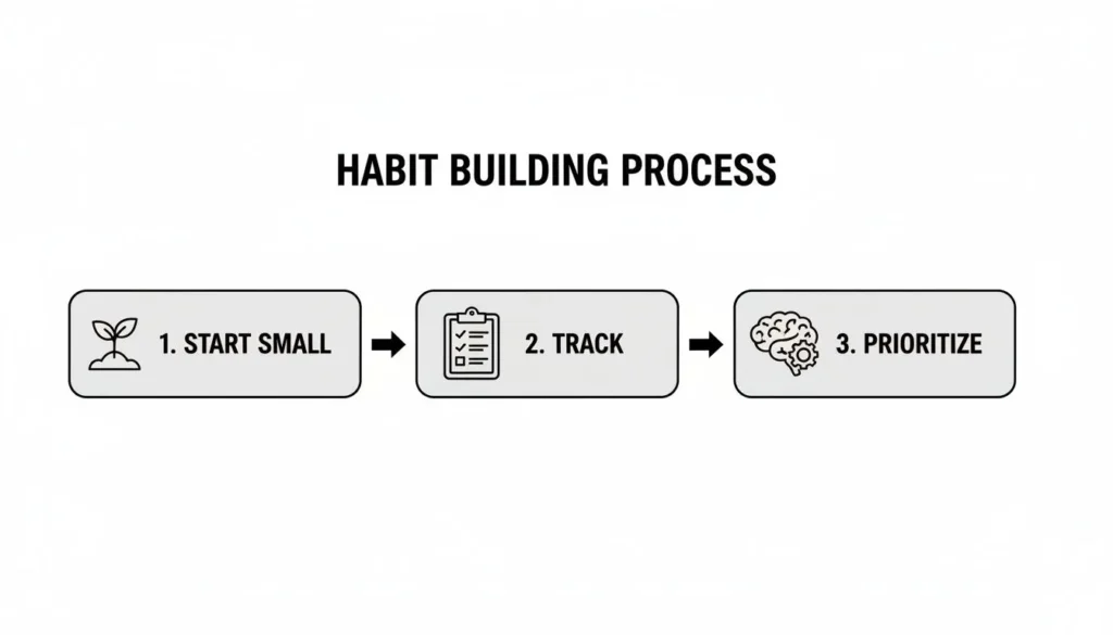 Diagram of habit-building process showing three steps: start small, track progress, and prioritize tasks.