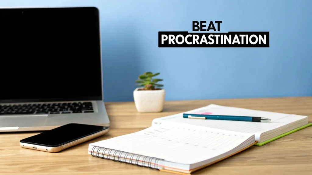 Workspace with laptop, phone, and planner labeled “Beat Procrastination,” illustrating productivity and study habit improvement.
