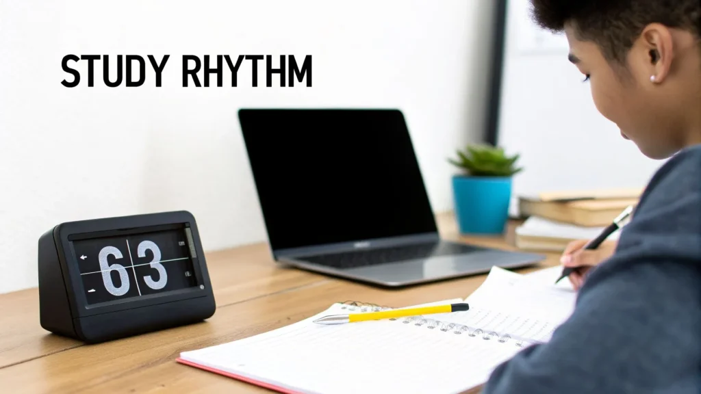 Student studying at desk with laptop, notebook, and timer labeled “Study Rhythm,” illustrating structured study habits and time management.