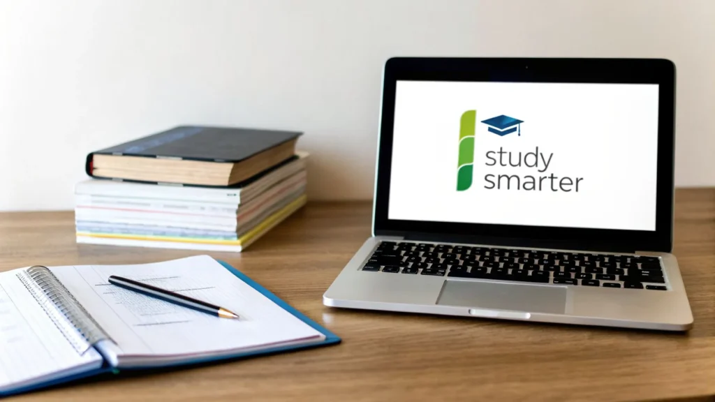 Laptop displaying “study smarter” with books, notebook, and pencil on desk, illustrating effective study habits and learning setup.