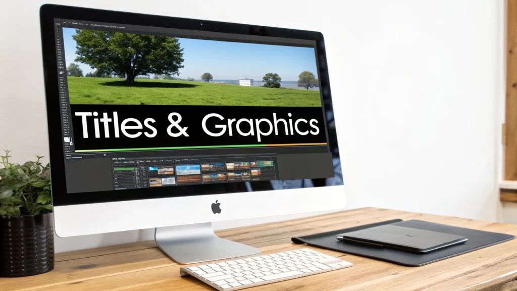 Computer screen showing video editing software with titles and graphics tools used to create text overlays for YouTube videos.