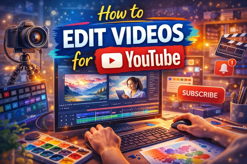 How to edit videos for youtube: 2026 Guide to Polished YouTube Edits Video editing workspace with camera and computer timeline showing how to edit videos for YouTube with subscribe and notification icons.