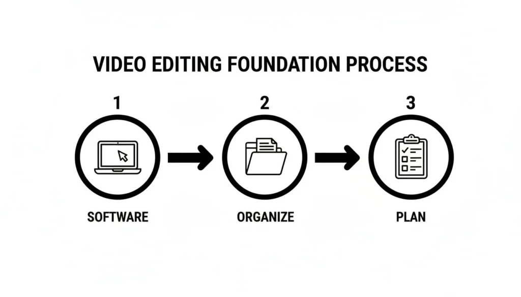 Video editing foundation process diagram showing steps: choose software, organize files, and plan the editing workflow.
