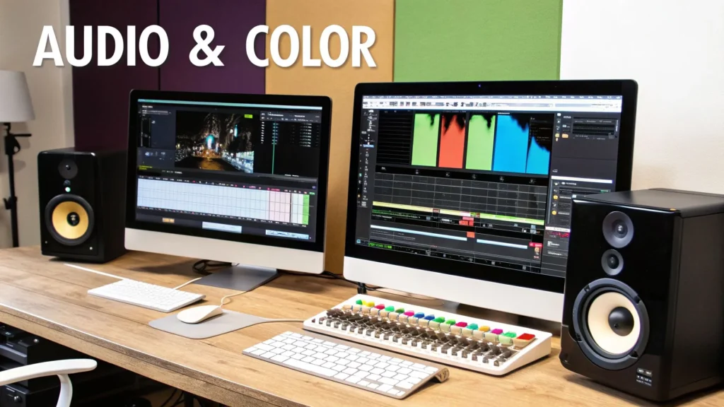 Video editing workstation with dual monitors showing timeline, audio mixing, and color grading tools for video production.