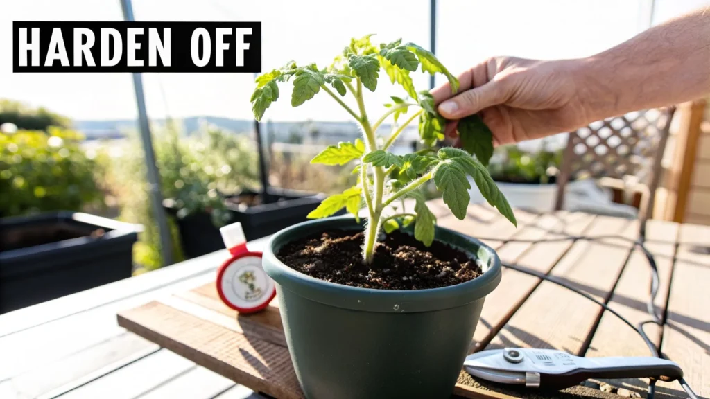 How to Grow Tomatoes from Seed: A Practical Guide Hand hardening off young tomato plant outdoors in a pot on a sunny patio, preparing seedlings for garden planting.