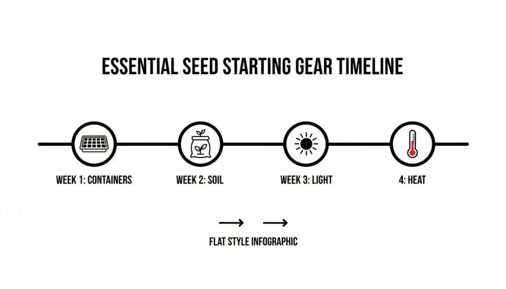 How to Grow Tomatoes from Seed: A Practical Guide Infographic timeline showing essential seed starting gear: containers, soil, light, and heat for growing plants from seed.
