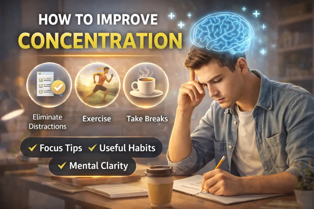 Student studying at desk with glowing brain graphic and icons for focus, exercise, and breaks under “Improve Concentration.”