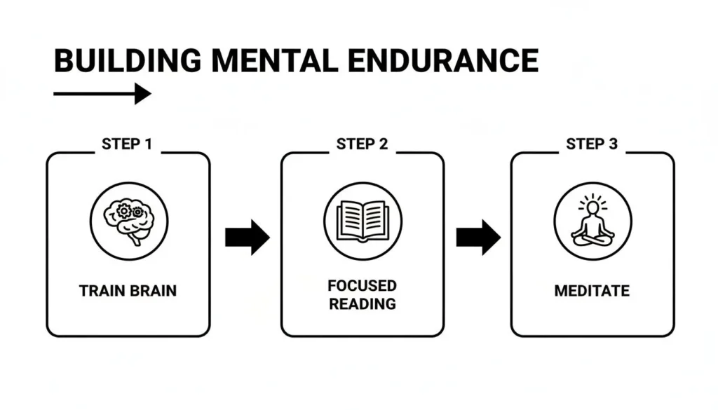 Infographic on building mental endurance: train brain, focused reading, and meditation steps.