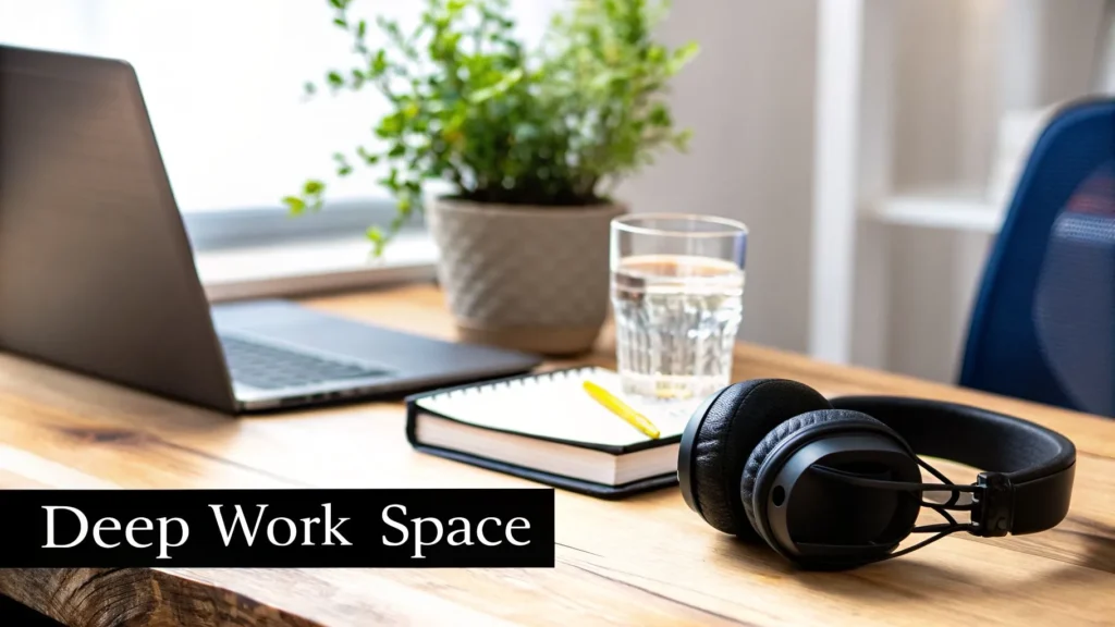 Minimal desk with laptop, headphones, notebook, and water, labeled “Deep Work Space” for focused productivity.