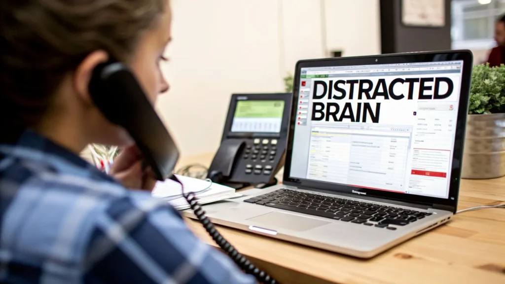 Person on phone at desk looking at laptop showing “Distracted Brain,” illustrating multitasking and reduced focus.