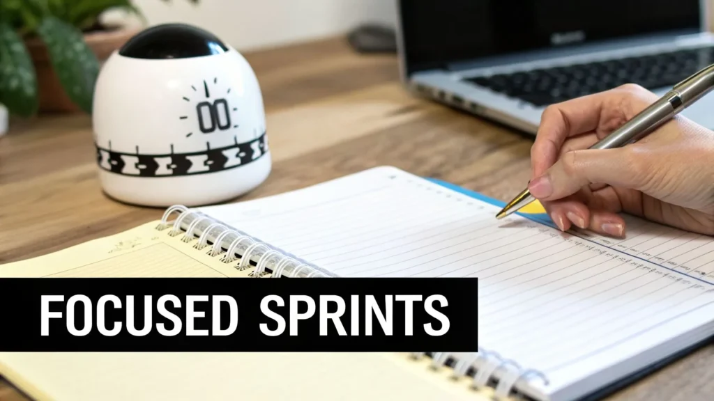 Hand writing in notebook beside timer and laptop, text “Focused Sprints,” illustrating time-blocked productivity work.