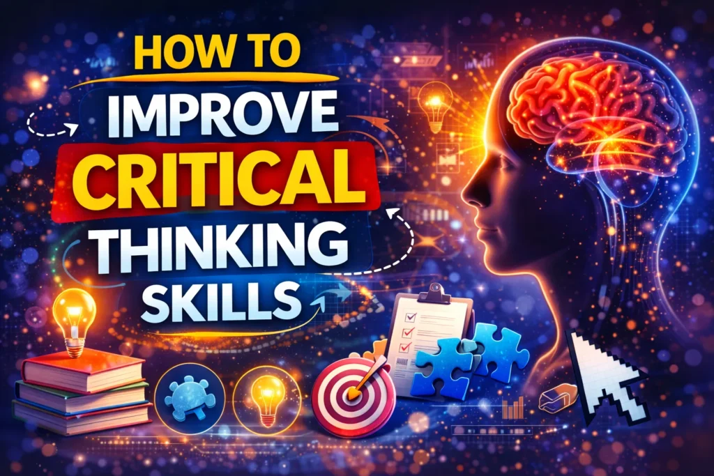 How to Improve Critical Thinking Skills A Science-Backed Guide Critical thinking concept with glowing brain in human profile, books, puzzle pieces, checklist, and target icons illustrating thinking skills.